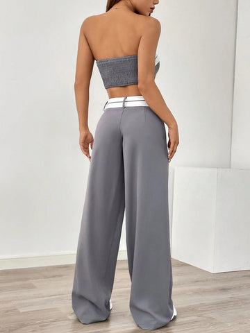 Women's Summer Short Cropped Tube Top And Long Pants Casual Two-Piece Set With Asymmetric Waistband And Color-Blocked Weaved Belt