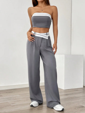 Women's Summer Short Cropped Tube Top And Long Pants Casual Two-Piece Set With Asymmetric Waistband And Color-Blocked Weaved Belt