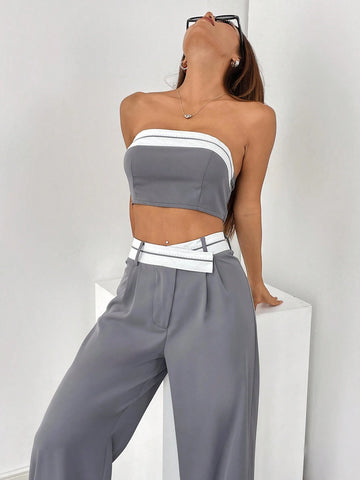 Women's Summer Short Cropped Tube Top And Long Pants Casual Two-Piece Set With Asymmetric Waistband And Color-Blocked Weaved Belt