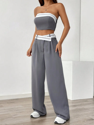 Women's Summer Short Cropped Tube Top And Long Pants Casual Two-Piece Set With Asymmetric Waistband And Color-Blocked Weaved Belt