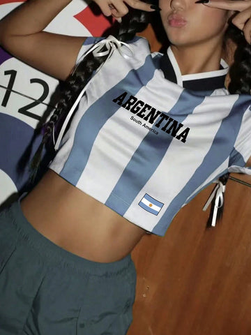 Women's Summer Short Sleeve Casual T-Shirt With Letter And Stripe Print, V-Neck