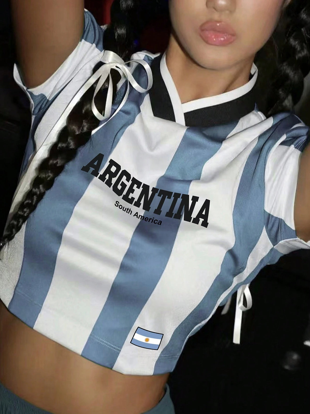 Women's Summer Short Sleeve Casual T-Shirt With Letter And Stripe Print, V-Neck