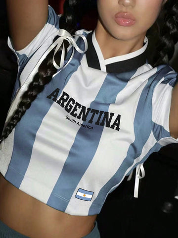 Women's Summer Short Sleeve Casual T-Shirt With Letter And Stripe Print, V-Neck