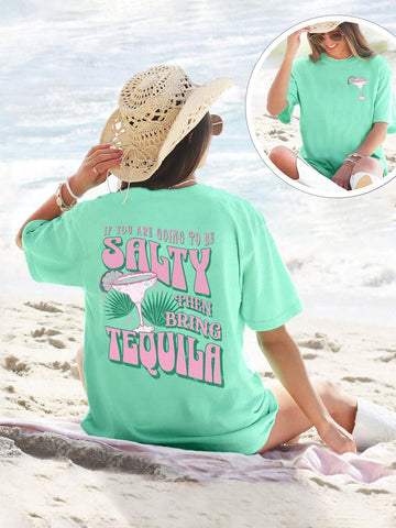 EZwear Women's Summer Short Sleeve Casual T-Shirt With Slogan And Tropical Plant Pattern, Round Neck