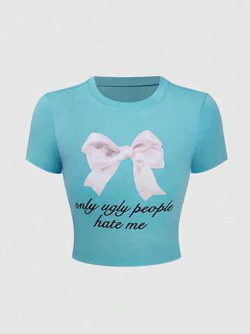 EZwear Women's Summer Short Sleeve T-Shirt With Slogan, Bow Tie And Butterfly Print, Crew Neck