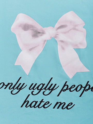 EZwear Women's Summer Short Sleeve T-Shirt With Slogan, Bow Tie And Butterfly Print, Crew Neck