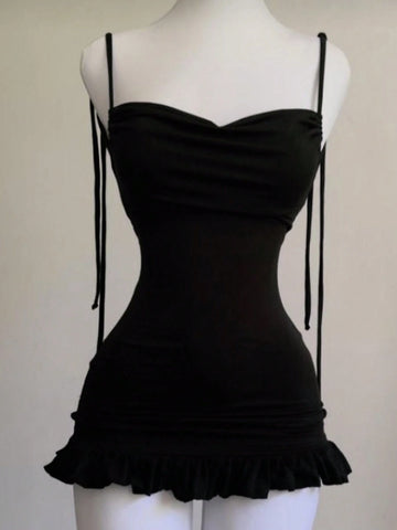 Women's Summer Solid Color Back Hollowed Out Mermaid Style Short Cami Dress