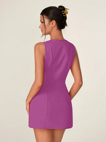 Women's Summer Solid Color Crew Neck Single Button Casual Sleeveless Dress