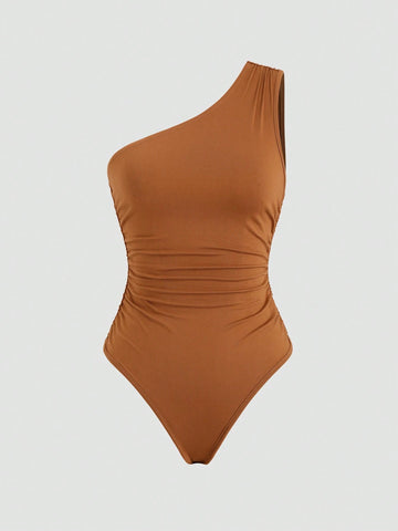 Women's Summer Solid Color One Shoulder Sleeveless Pleated Casual Bodysuit