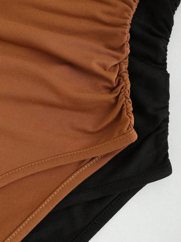 Women's Summer Solid Color One Shoulder Sleeveless Pleated Casual Bodysuit