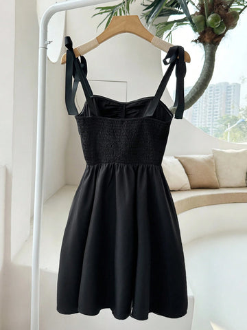 Women's Summer Solid Color Ribbon Shoulder Strap Design Cinched Waist Dress With Flared