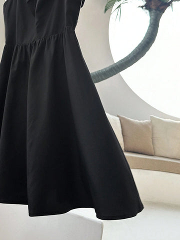 Women's Summer Solid Color Ribbon Shoulder Strap Design Cinched Waist Dress With Flared