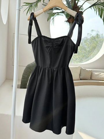 Women's Summer Solid Color Ribbon Shoulder Strap Design Cinched Waist Dress With Flared
