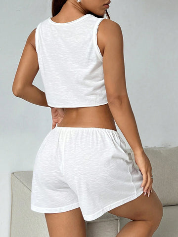 Women's Summer Solid Color Round Neck Crop Top & Shorts Casual Comfortable Knit Sheer See-Through 2pcs Set