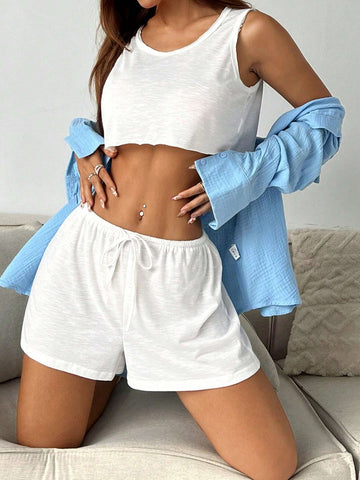 Women's Summer Solid Color Round Neck Crop Top & Shorts Casual Comfortable Knit Sheer See-Through 2pcs Set