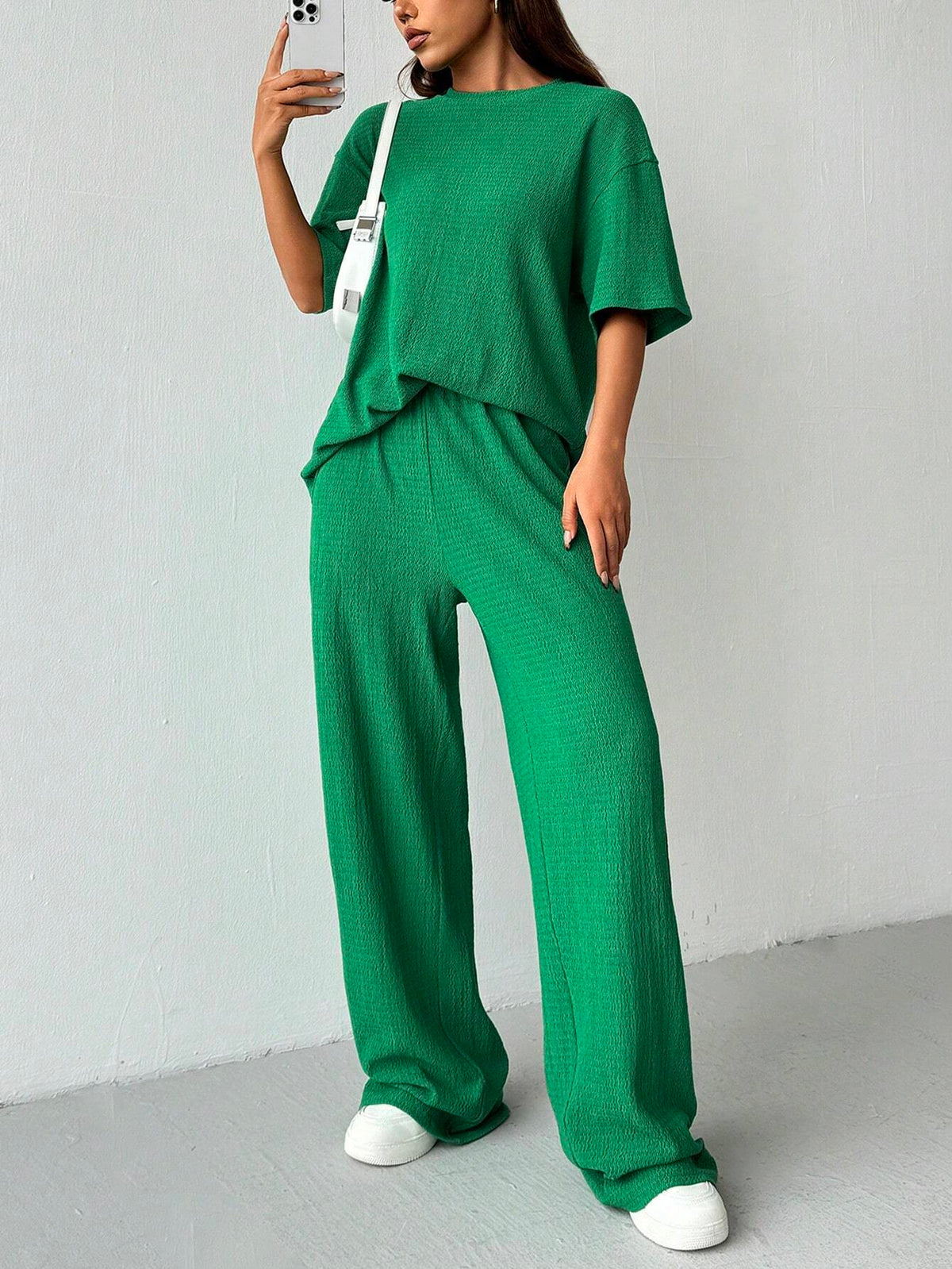 Women's Summer Solid Color Round Neck Drop Shoulder Casual Texture T-Shirt And Pants Casual Set