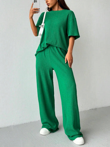 Women's Summer Solid Color Round Neck Drop Shoulder Casual Texture T-Shirt And Pants Casual Set