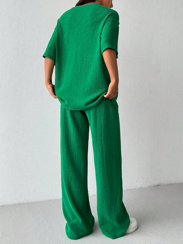 Women's Summer Solid Color Round Neck Drop Shoulder Casual Texture T-Shirt And Pants Casual Set