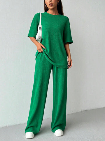 Women's Summer Solid Color Round Neck Drop Shoulder Casual Texture T-Shirt And Pants Casual Set