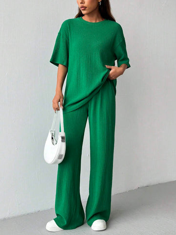 Women's Summer Solid Color Round Neck Drop Shoulder Casual Texture T-Shirt And Pants Casual Set