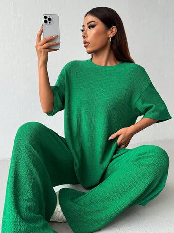 Women's Summer Solid Color Round Neck Drop Shoulder Casual Texture T-Shirt And Pants Casual Set