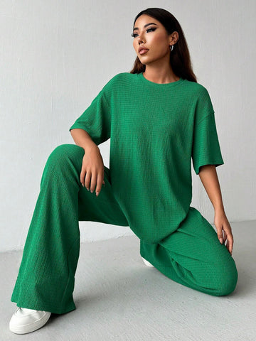 Women's Summer Solid Color Round Neck Drop Shoulder Casual Texture T-Shirt And Pants Casual Set