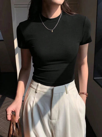 EZwear Women's Summer Solid Color Round Neck Slim Short Sleeve T-Shirt