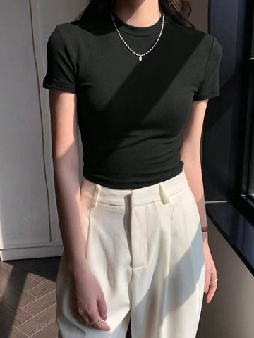 EZwear Women's Summer Solid Color Round Neck Slim Short Sleeve T-Shirt