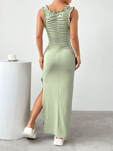 Women's Summer Solid Color Ruffle Trim Off Shoulder Side Slit Elegant Dress