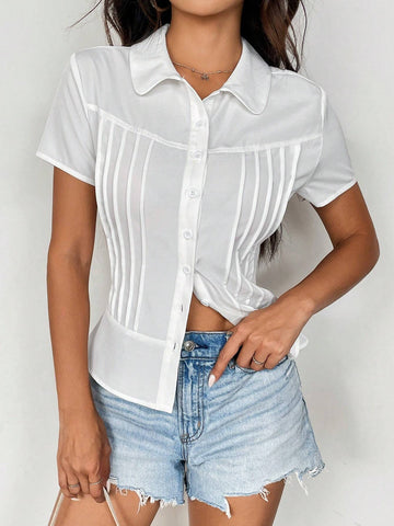 EZwear Women's Summer Solid Color Short Sleeve Button-Down Shirt With Tie-Dye Craftsmanship