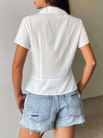 EZwear Women's Summer Solid Color Short Sleeve Button-Down Shirt With Tie-Dye Craftsmanship