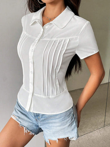 EZwear Women's Summer Solid Color Short Sleeve Button-Down Shirt With Tie-Dye Craftsmanship