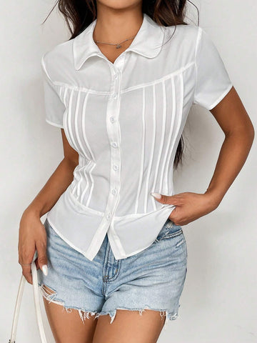 EZwear Women's Summer Solid Color Short Sleeve Button-Down Shirt With Tie-Dye Craftsmanship