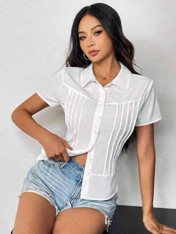 EZwear Women's Summer Solid Color Short Sleeve Button-Down Shirt With Tie-Dye Craftsmanship