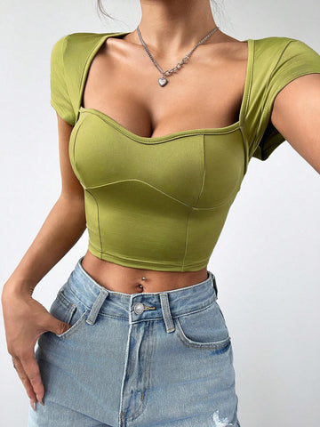 Women's Summer Solid Color Sweetheart Neckline Crop Sleeve Slim Fit Cropped Backless T-Shirt