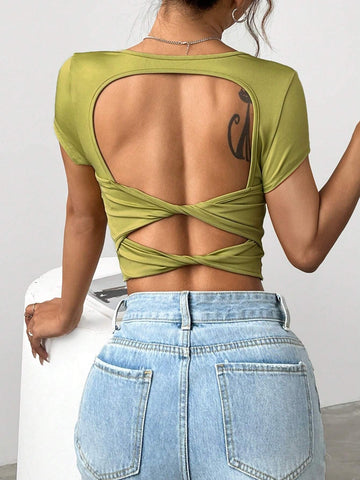 Women's Summer Solid Color Sweetheart Neckline Crop Sleeve Slim Fit Cropped Backless T-Shirt