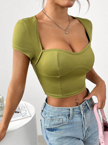 Women's Summer Solid Color Sweetheart Neckline Crop Sleeve Slim Fit Cropped Backless T-Shirt