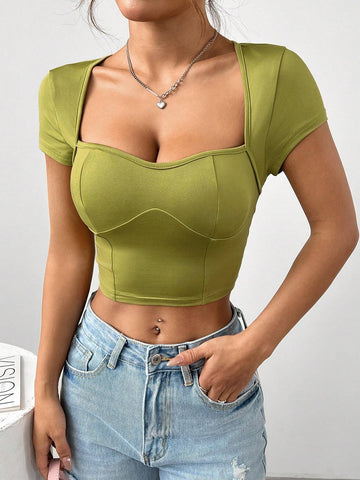 Women's Summer Solid Color Sweetheart Neckline Crop Sleeve Slim Fit Cropped Backless T-Shirt