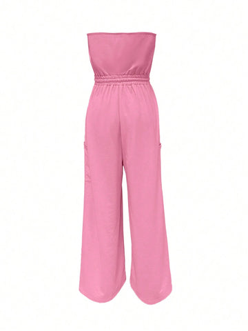 Women's Summer Solid Color Waist Drawstring Large Pocket Bandeau Wide Leg Casual Jumpsuit
