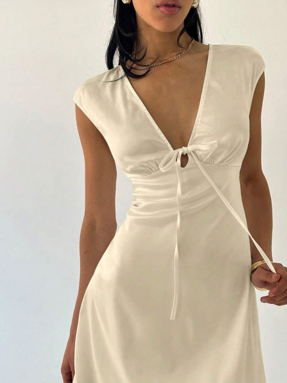 Women's Summer Solid V-Neck Front Tie Crinkle A-Line Mini Dress