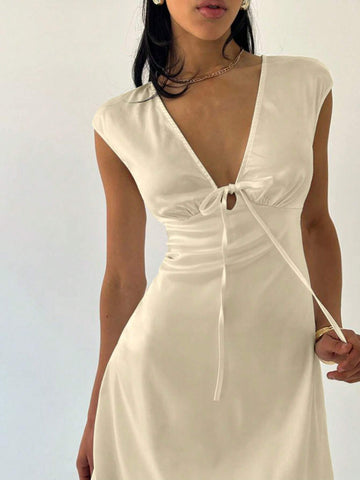 Women's Summer Solid V-Neck Front Tie Crinkle A-Line Mini Dress