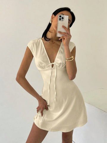 Women's Summer Solid V-Neck Front Tie Crinkle A-Line Mini Dress