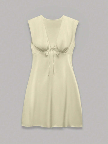 Women's Summer Solid V-Neck Front Tie Crinkle A-Line Mini Dress