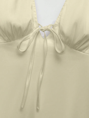 Women's Summer Solid V-Neck Front Tie Crinkle A-Line Mini Dress