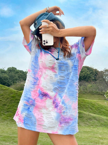 Women's Tie-Dye And Ripped Hole T-Shirt Dress