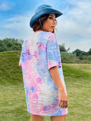Women's Tie-Dye And Ripped Hole T-Shirt Dress