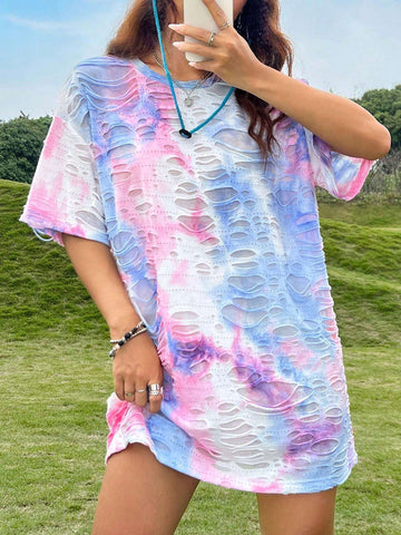 Women's Tie-Dye And Ripped Hole T-Shirt Dress
