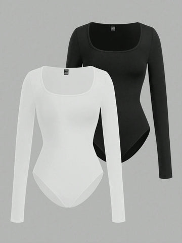 Women's Two-Piece Set - Casual Tight-Fitting Long-Sleeved Bodysuit With Square Collar