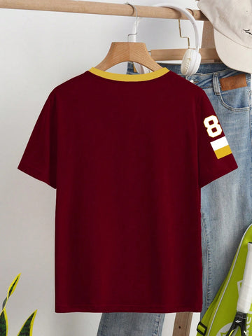 Women's V-Neck Letter & Number Print Color-Block Short Sleeve Loose T-Shirt, Summer Jersey