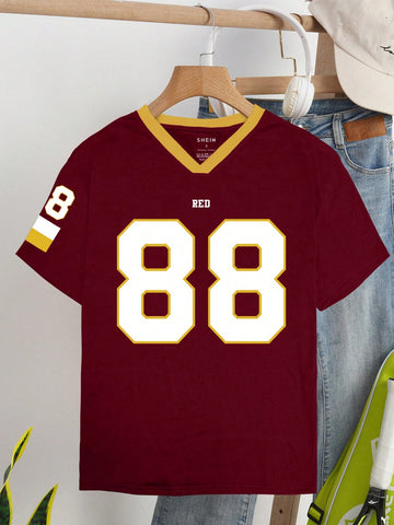 Women's V-Neck Letter & Number Print Color-Block Short Sleeve Loose T-Shirt, Summer Jersey